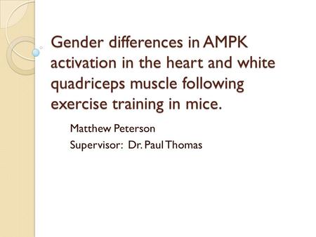 Gender differences in AMPK activation in the heart and white quadriceps muscle following exercise training in mice. Matthew Peterson Supervisor: Dr. Paul.