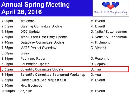 Annual Spring Meeting April 26, 2016 7:00pmWelcomeM. Everitt 7:05pmSteering Committee UpdateM. Everitt 7:15pmDCC UpdateD. Naftel/ S. Lenderman 7:30pmWeb.