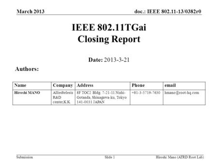 Doc.: IEEE 802.11-13/0382r0 Submission IEEE 802.11TGai Closing Report Date: 2013-3-21 Authors: NameCompanyAddressPhoneemail Hiroshi MANOAlliedtelesis R&D.