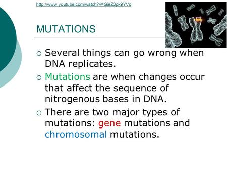 MUTATIONS  Several things can go wrong when DNA replicates.  Mutations.