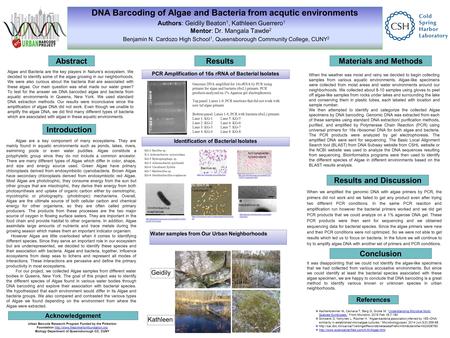 DNA Barcoding of Algae and Bacteria from acqutic environments Authors: Geidily Beaton 1, Kathleen Guerrero 1 Mentor: Dr. Mangala Tawde 2 Introduction Benjamin.