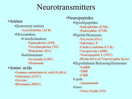 Neurotransmitters Amines Quaternary amines Acetylcholine (ACh) Monoamines Catecholamines Epinephrine (EPI) Norepinephrine (NE) Dopamine (DA) Indoleamines.