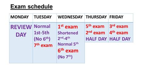 MONDAYTUESDAYWEDNESDAYTHURSDAYFRIDAY REVIEW DAY Normal 1st-5th (No 6 th ) 7 th exam 1 st exam Shortened 2 nd -4 th Normal 5 th 6 th exam (No 7 th ) 5 th.