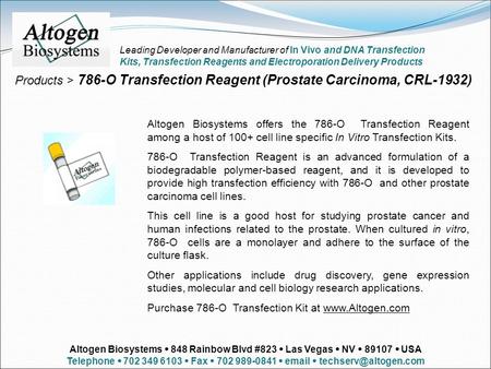 Altogen Biosystems offers the 786-O Transfection Reagent among a host of 100+ cell line specific In Vitro Transfection Kits. 786-O Transfection Reagent.