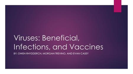 Viruses: Beneficial, Infections, and Vaccines BY: OWEN RHYDDERCH, MORGAN TREVINO, AND EVAN CASEY.