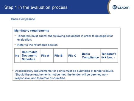 Step 1 in the evaluation process No Returnable Document/ Schedule File AFile BFile C Basic Compliance Tenderer’s tick box √ All mandatory requirements.