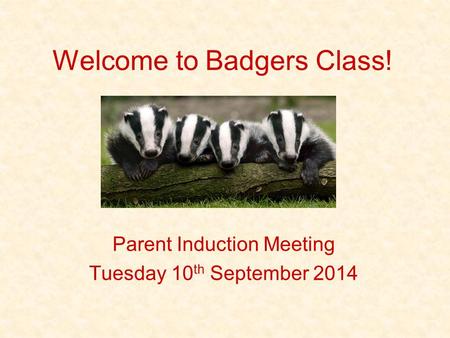 Welcome to Badgers Class! Parent Induction Meeting Tuesday 10 th September 2014.