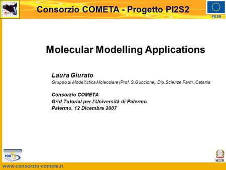 Www.consorzio-cometa.it FESR Consorzio COMETA - Progetto PI2S2 Molecular Modelling Applications Laura Giurato Gruppo di Modellistica Molecolare (Prof.