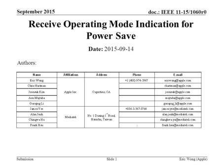 Submission doc.: IEEE 11-15/1060r0 September 2015 Eric Wong (Apple)Slide 1 Receive Operating Mode Indication for Power Save Date: 2015-09-14 Authors: