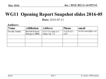 Doc.: IEEE 802.11-16/0527r0 Report May 2016 D. Stanley, HP EnterpriseSlide 1 WG11 Opening Report Snapshot slides 2016-05 Date: 2016-05-11 Authors: