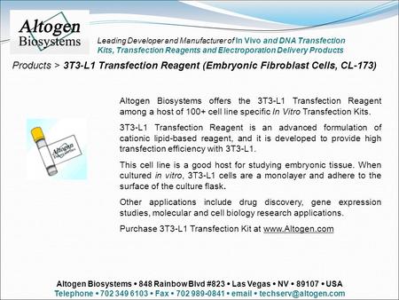 Products > 3T3-L1 Transfection Reagent (Embryonic Fibroblast Cells, CL-173) Altogen Biosystems offers the 3T3-L1 Transfection Reagent among a host of 100+