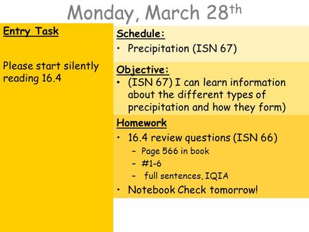 Monday, March 28 th Entry Task Please start silently reading 16.4 Schedule: Precipitation (ISN 67) Objective: (ISN 67) I can learn information about the.