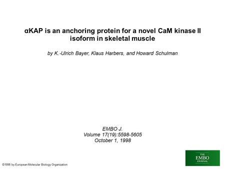 ΑKAP is an anchoring protein for a novel CaM kinase II isoform in skeletal muscle by K. ‐ Ulrich Bayer, Klaus Harbers, and Howard Schulman EMBO J. Volume.