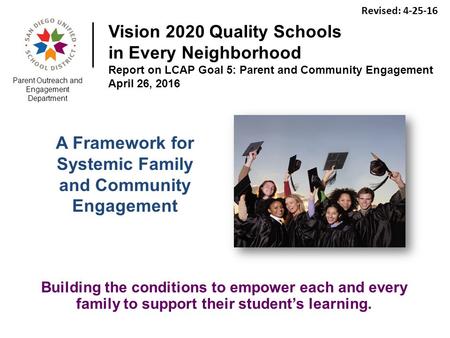 Vision 2020 Quality Schools in Every Neighborhood Report on LCAP Goal 5: Parent and Community Engagement April 26, 2016 Building the conditions to empower.