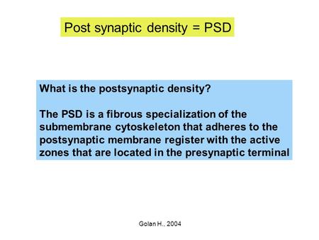 Golan H., 2004 Post synaptic density = PSD What is the postsynaptic density? The PSD is a fibrous specialization of the submembrane cytoskeleton that adheres.