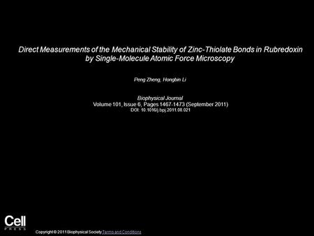 Direct Measurements of the Mechanical Stability of Zinc-Thiolate Bonds in Rubredoxin by Single-Molecule Atomic Force Microscopy Peng Zheng, Hongbin Li.