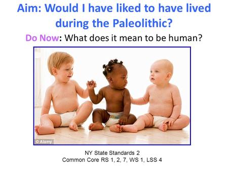 Aim: Would I have liked to have lived during the Paleolithic? Do Now: What does it mean to be human? NY State Standards 2 Common Core RS 1, 2, 7, WS 1,
