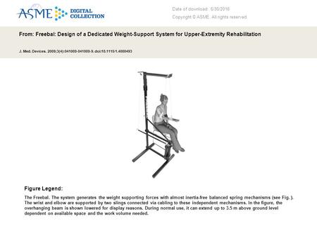 Date of download: 6/30/2016 Copyright © ASME. All rights reserved. From: Freebal: Design of a Dedicated Weight-Support System for Upper-Extremity Rehabilitation.