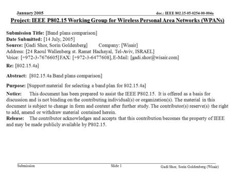 Doc.: IEEE 802.15-05-0254-00-004a Submission January 2005 Gadi Shor, Sorin Goldenberg (Wisair) Slide 1 Project: IEEE P802.15 Working Group for Wireless.