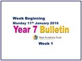 Week Beginning Monday 11 th January 2016 Week 1. THIS WEEK Important Information For This Week……… Anti bullying workshops all this week Monday – Wednesday.