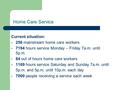 Home Care Service Current situation: 256 mainstream home care workers 7194 hours service Monday – Friday 7a.m. until 5p.m. 64 out of hours home care workers.