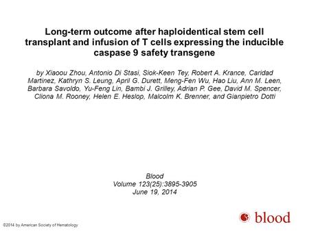 Long-term outcome after haploidentical stem cell transplant and infusion of T cells expressing the inducible caspase 9 safety transgene by Xiaoou Zhou,