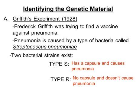 Identifying the Genetic Material A.Griffith’s Experiment (1928) -Frederick Griffith was trying to find a vaccine against pneumonia. -Pneumonia is caused.