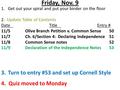 Friday, Nov. 9 1.Get out your spiral and put your binder on the floor 2. Update Table of Contents DateTitleEntry # 11/5Olive Branch Petition v. Common.