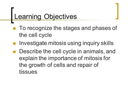 Learning Objectives To recognize the stages and phases of the cell cycle Investigate mitosis using inquiry skills Describe the cell cycle in animals, and.