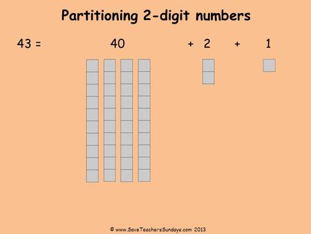 Partitioning 2-digit numbers 43 =40+2+1 © www.SaveTeachersSundays.com 2013.