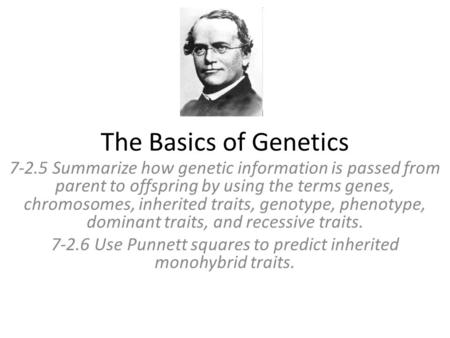The Basics of Genetics 7-2.5 Summarize how genetic information is passed from parent to offspring by using the terms genes, chromosomes, inherited traits,