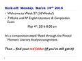 Kick-off: Monday, March 14 th 2016  Welcome to Week 27 (36 Weeks!)  7 Weeks until AP English Literature & Composition Exam May 4 th, 2016 8:00 am It’s.