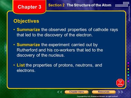 Copyright © by Holt, Rinehart and Winston. All rights reserved. ResourcesChapter menu Section 2 The Structure of the Atom Objectives Summarize the observed.