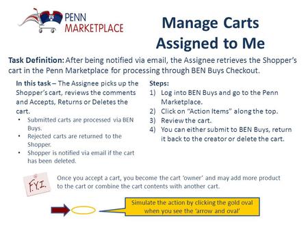 Manage Carts Assigned to Me Task Definition: After being notified via email, the Assignee retrieves the Shoppers cart in the Penn Marketplace for processing.