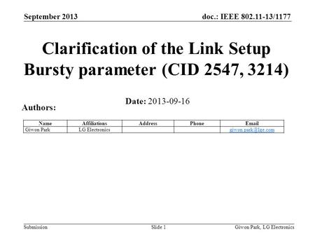 Doc.: IEEE 802.11-13/1177 Submission September 2013 Giwon Park, LG ElectronicsSlide 1 Clarification of the Link Setup Bursty parameter (CID 2547, 3214)