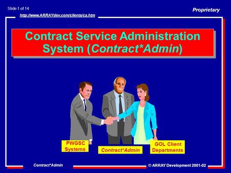 Proprietary © ARRAY Development 2001-02 Slide 1 of 14  Contract*Admin GOL Client Departments PWGSC Systems Contract.
