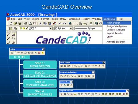 CandeCAD Overview UTILITY Step 1: MESH DESIGN Step 2: ASSIGN INTELLIGENCE Step 3: CONDUCT ANALYSIS Step 4: IMPORT RESULTS.