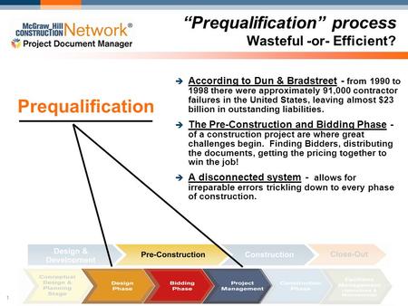 1 Prequalification process Wasteful -or- Efficient? According to Dun & Bradstreet - from 1990 to 1998 there were approximately 91,000 contractor failures.