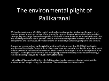 The environmental plight of Pallikaranai Wetlands cover around 6% of the earths land surface and consist of land where the water level remains near or.