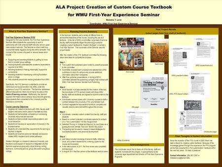 TEMPLATE DESIGN © 2008 www.PosterPresentations.com ALA Project: Creation of Custom Course Textbook for WMU First-Year Experience Seminar Maleeka T. Love.
