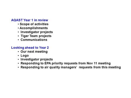 AQAST Year 1 in review Scope of activities Accomplishments Investigator projects Tiger Team projects Communications Looking ahead to Year 2 Our next meeting.