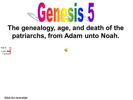 130 Adam Seth The genealogy, age, and death of the patriarchs, from Adam unto Noah. Click for next slide Year 0.