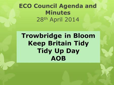 ECO Council Agenda and Minutes 28 th April 2014 Trowbridge in Bloom Keep Britain Tidy Tidy Up Day AOB.