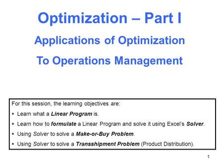Applications of Optimization To Operations Management