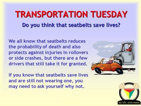Transportation Tuesday TRANSPORTATION TUESDAY Do you think that seatbelts save lives? We all know that seatbelts reduces the probability of death and also.