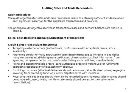 1 Auditing Sales and Trade Receivables 1 Audit Objectives The audit objectives for sales and trade receivables relate to obtaining sufficient evidence.