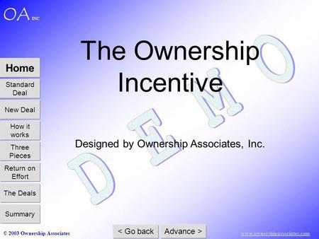 . www.ownershipassociates.com © 2003 Ownership Associates Home Standard Deal How it works Three Pieces Return on Effort The Deals Summary New Deal < Go.