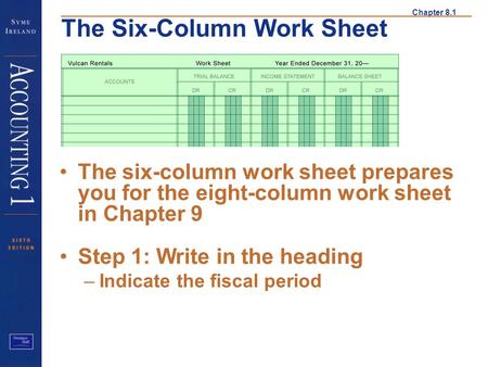 Step 1 The six-column work sheet prepares you for the eight-column work sheet in Chapter 9 Step 1: Write in the heading Indicate the fiscal period.