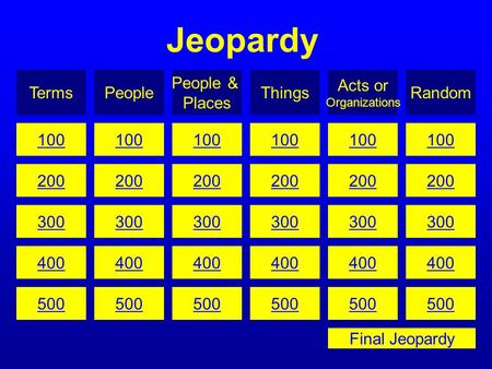 Jeopardy TermsPeople People & Places Things Acts or Organizations Random 100 200 300 400 500 100 200 300 400 500 100 200 300 400 500 100 200 300 400 500.