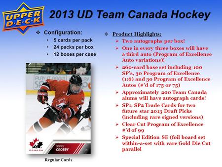 Regular Cards 2013 UD Team Canada Hockey Configuration: 5 cards per pack 24 packs per box 12 boxes per case Product Highlights: Two autographs per box!